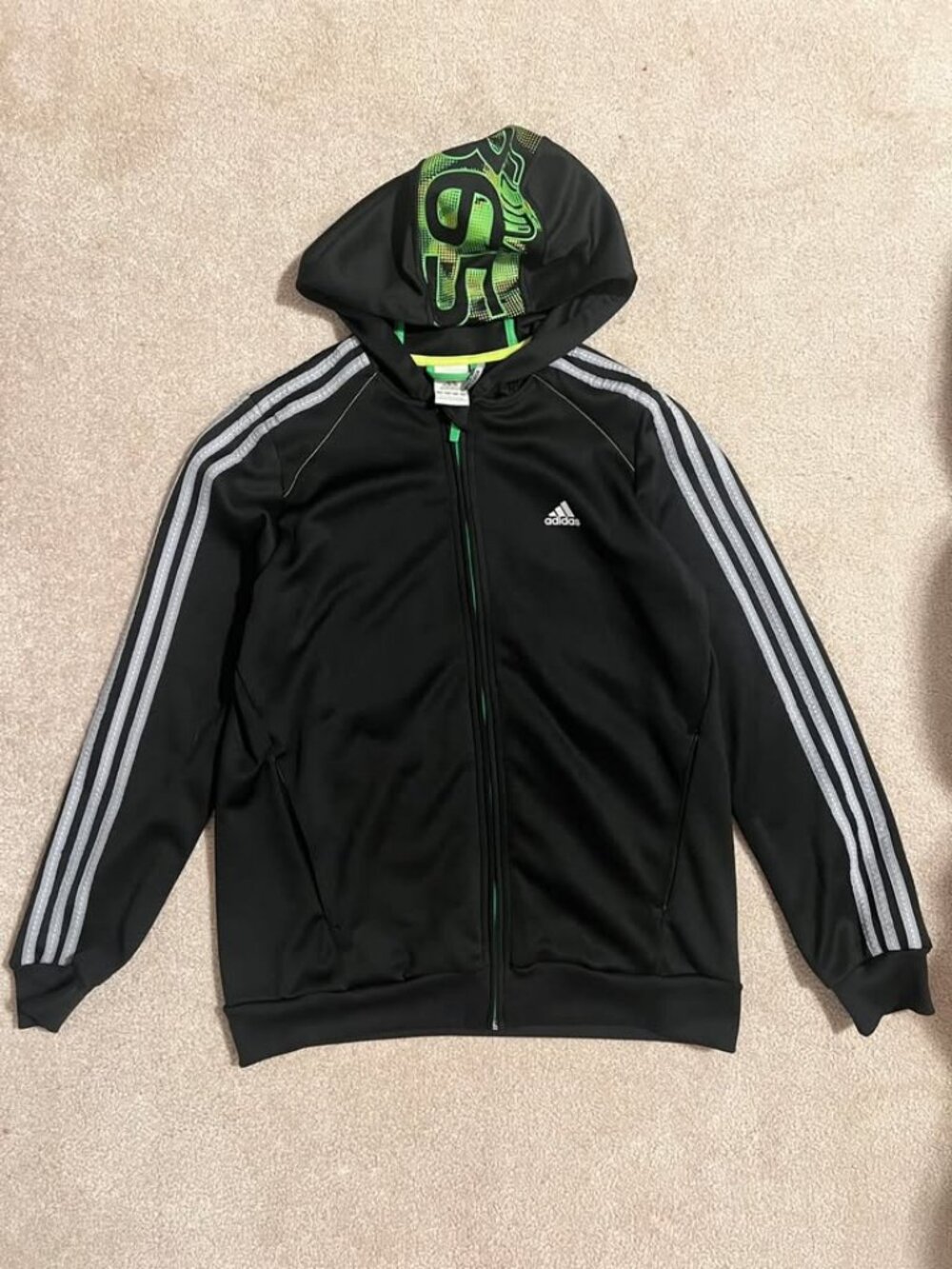 adidas Youth XL 15-16Y ClimaLite Full-Zip Hooded Jacket Black Green Graphic Hood